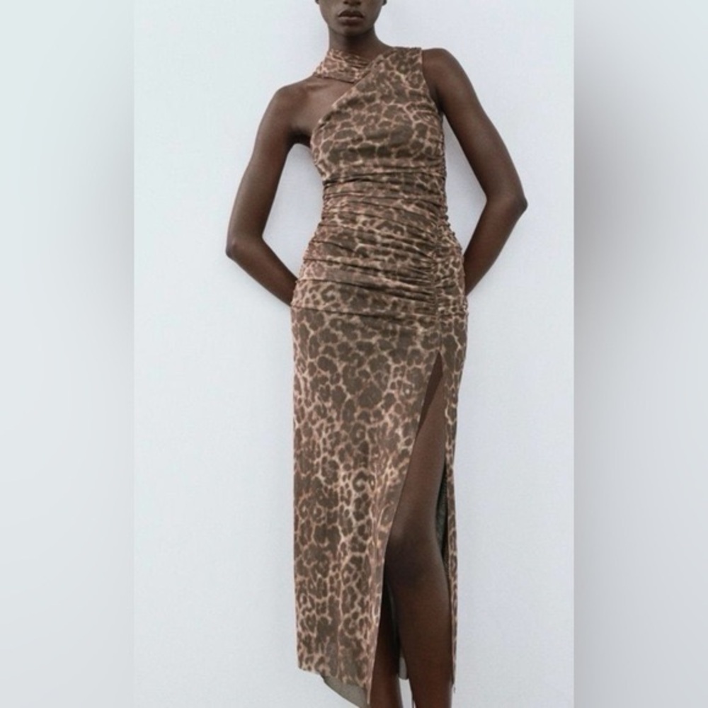 NWT Zara Elegant Leopard Print Ruched One-Shoulder Dress, Size Large